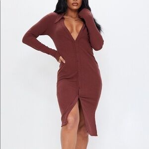 PrettyLittleThing Chocolate Ribbed Dress - US 12